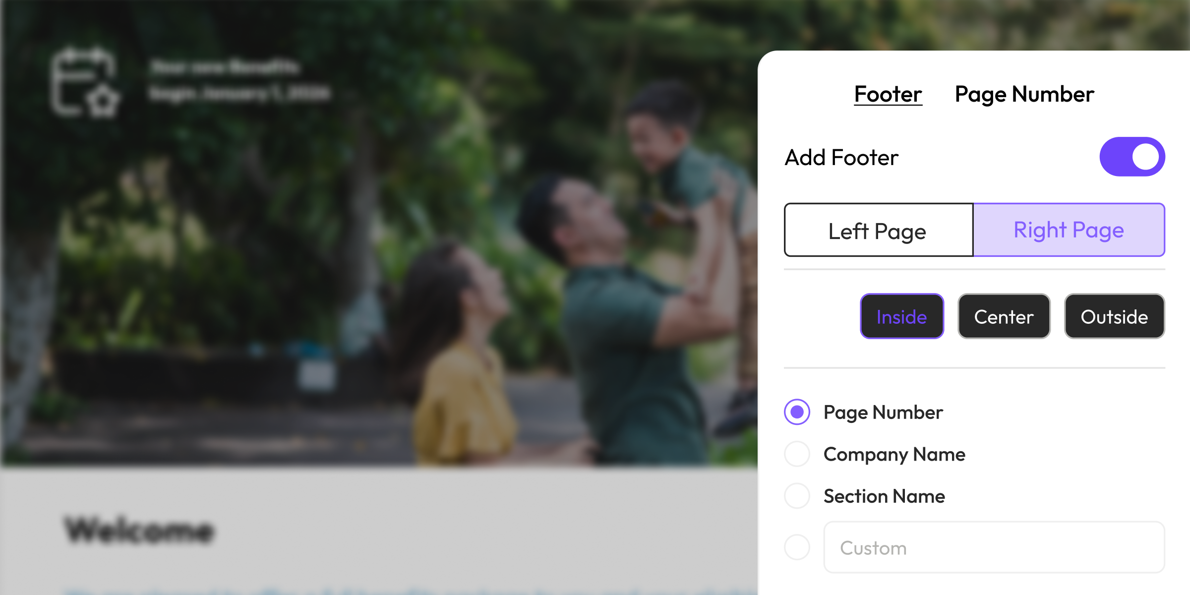 Letter-size PDF canvas with margins and footers