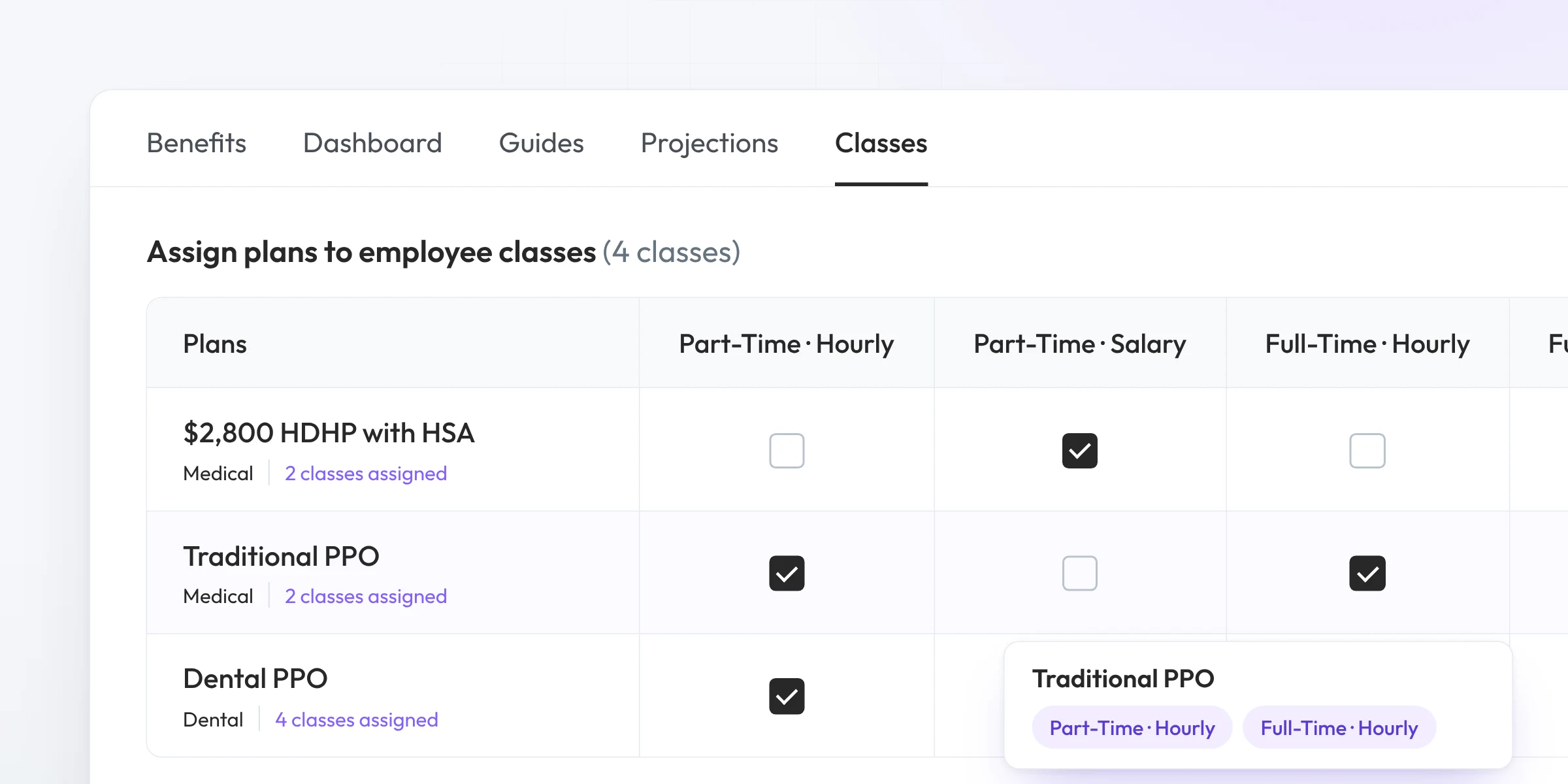 Brite benefits package grid assigning medical and dental plans to four employee classes
