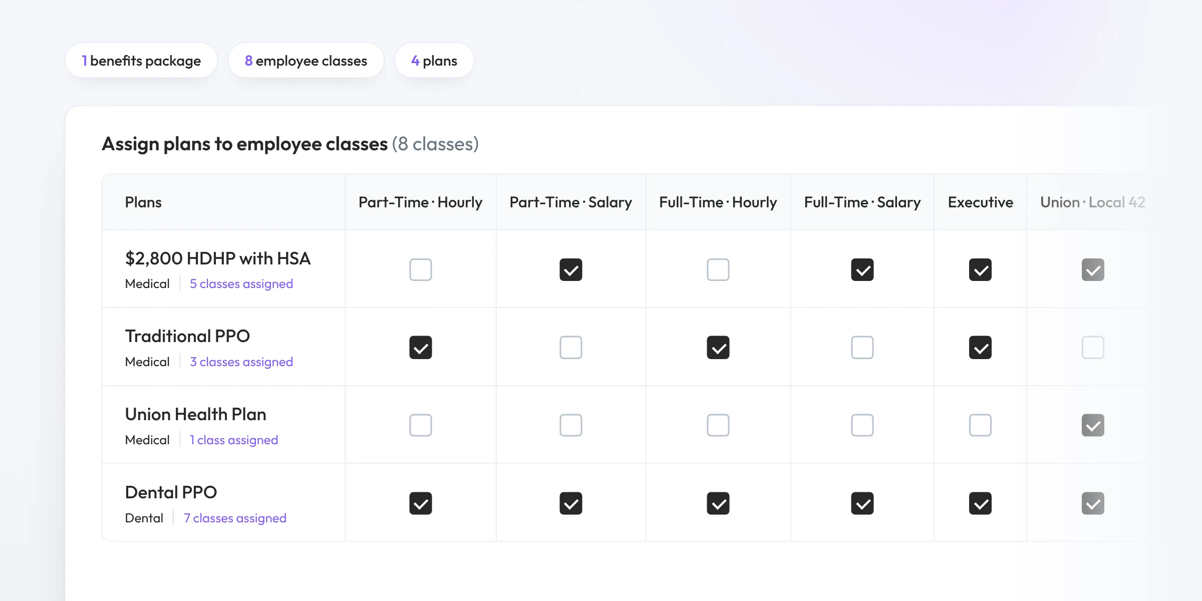 Plan assignment grid for a client with eight employee classes, including executive, union and seasonal groups