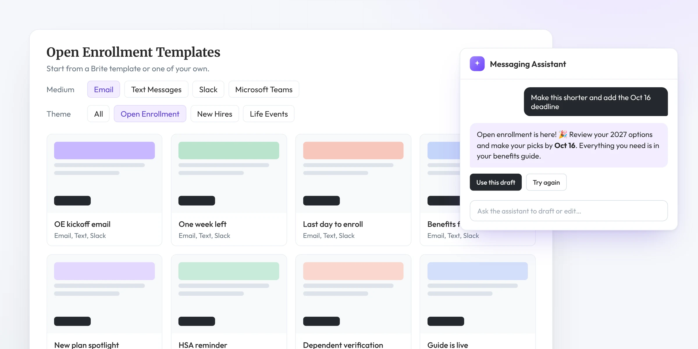 Open enrollment template library with the Messaging Assistant drafting a shorter message