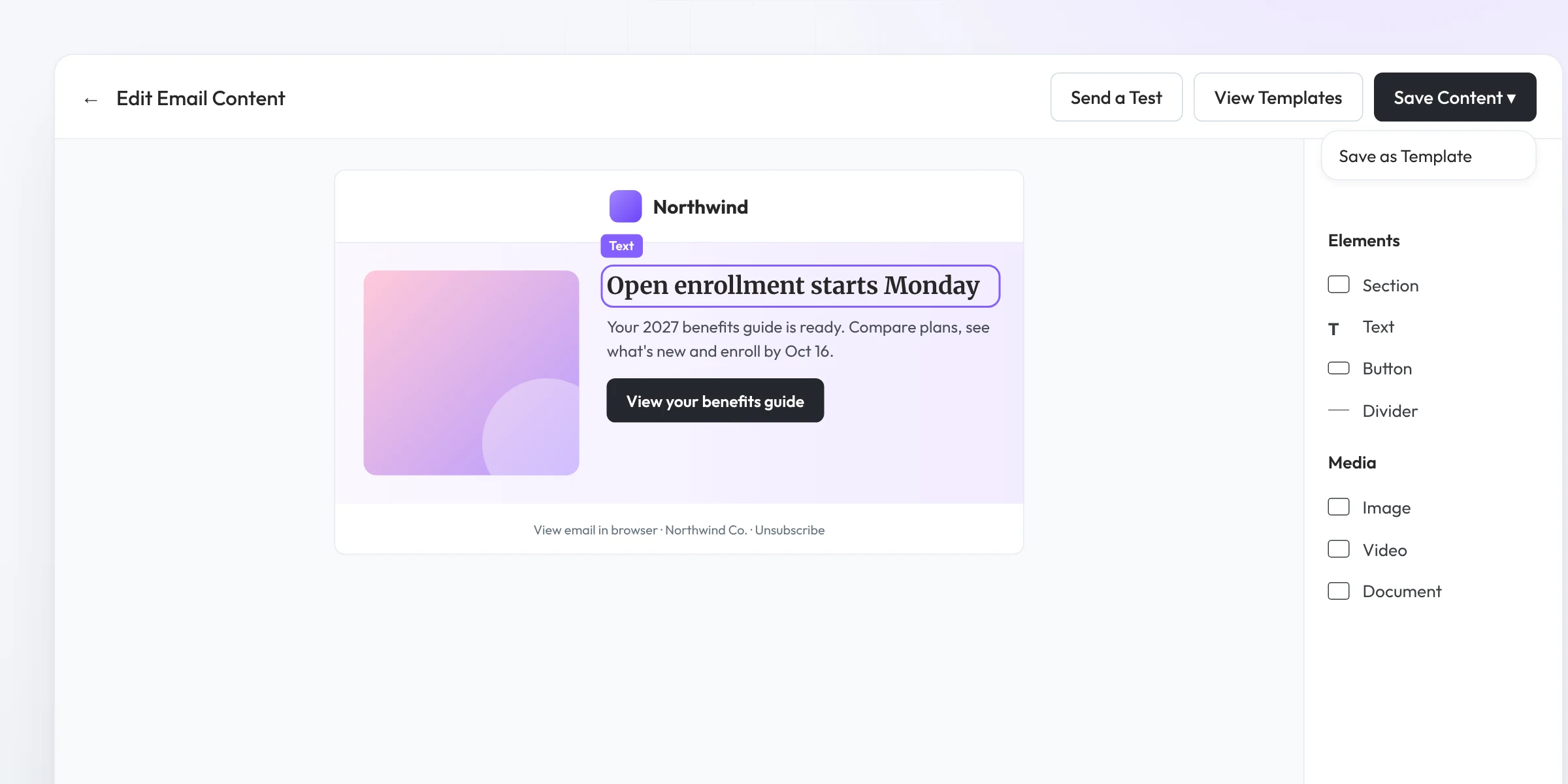 Brite email editor with an open enrollment email, element panel and Save as Template option