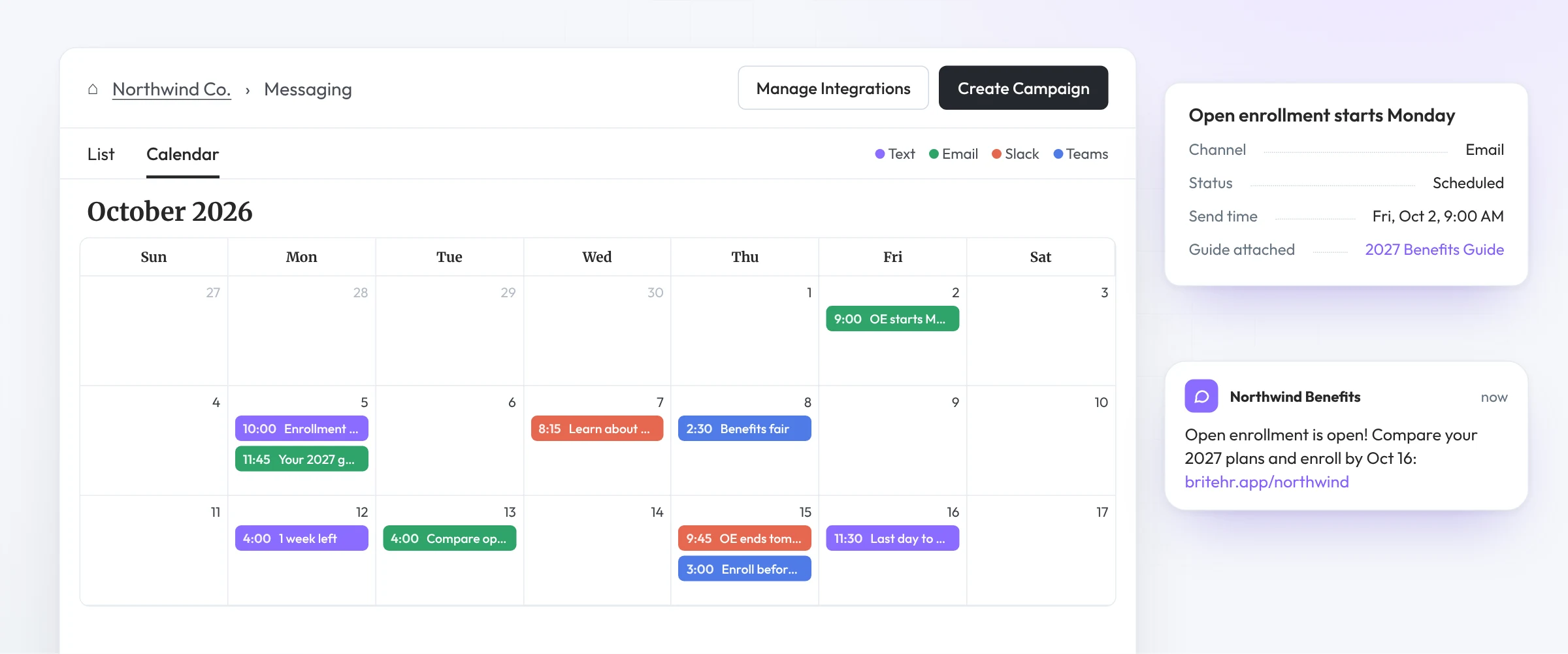 Brite campaign calendar for open enrollment with scheduled text, email, Slack and Teams messages