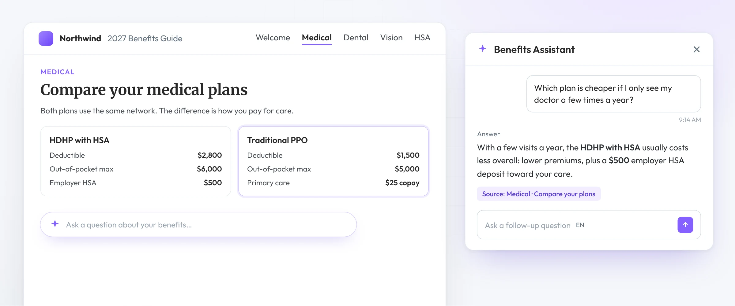 Brite AI Benefits Assistant answering an employee's benefits question