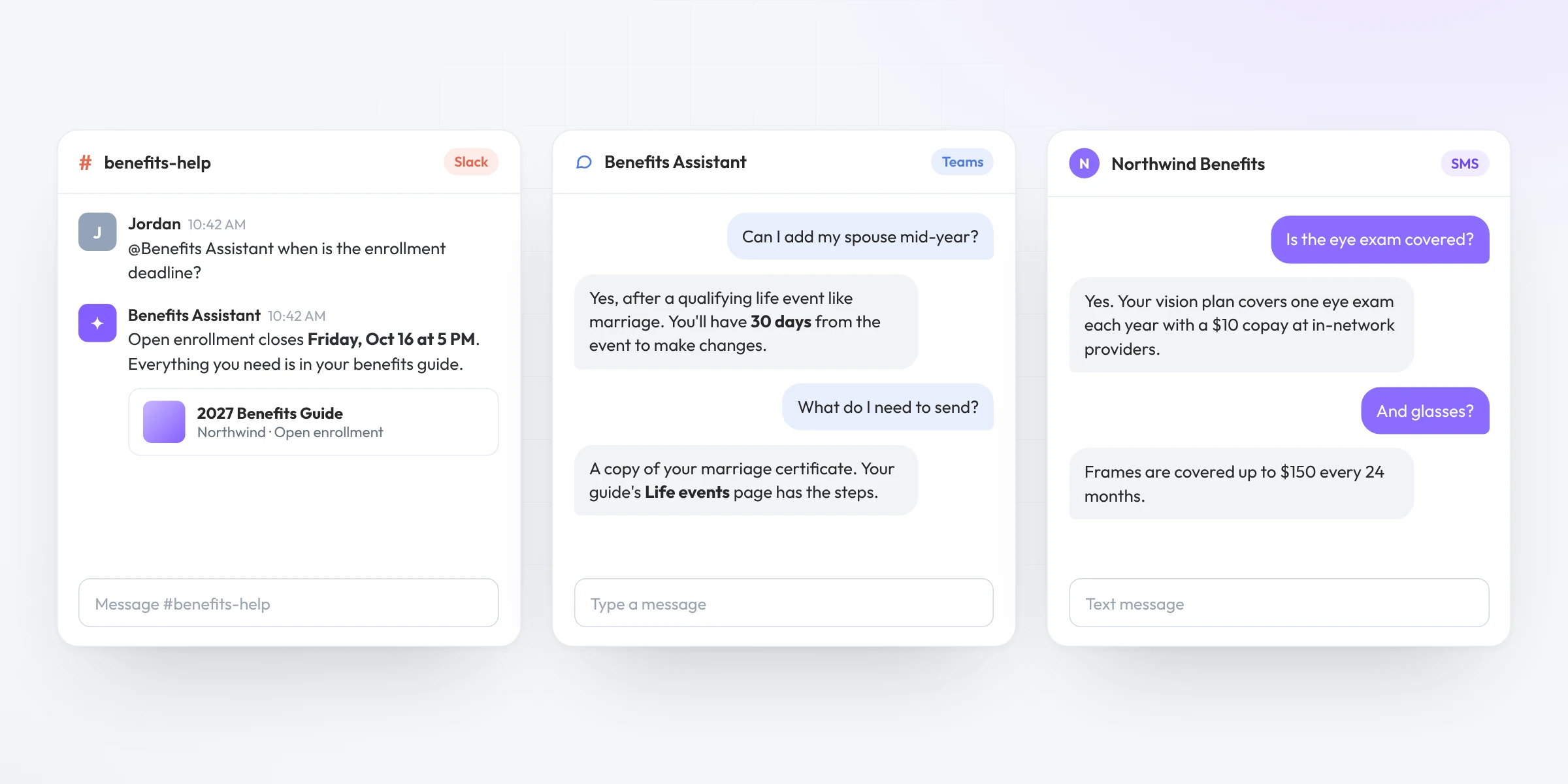 Benefits Assistant answering employee questions in Slack, Microsoft Teams and SMS