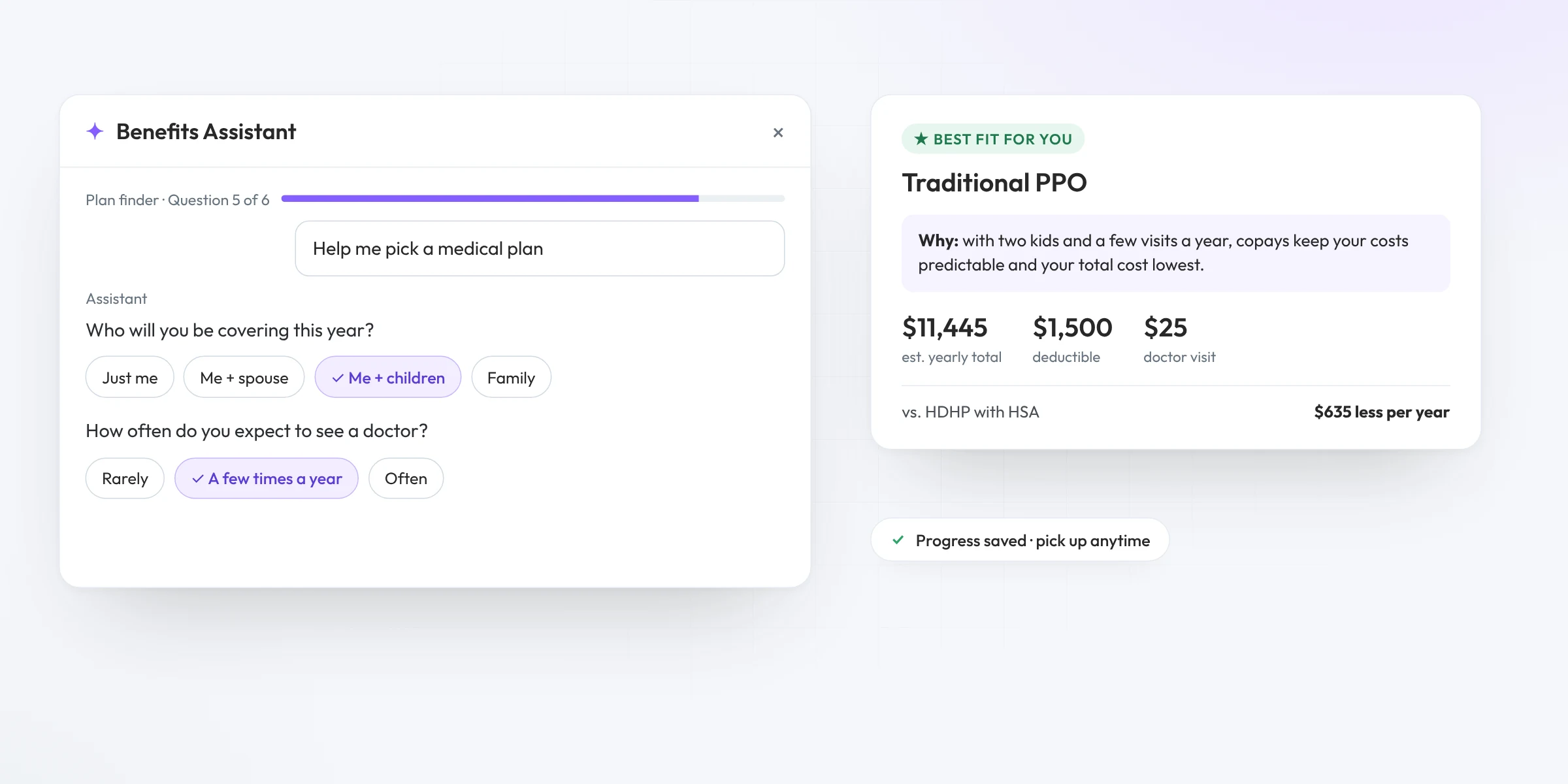 Plan finder questions in the Assistant chat leading to a best-fit plan recommendation