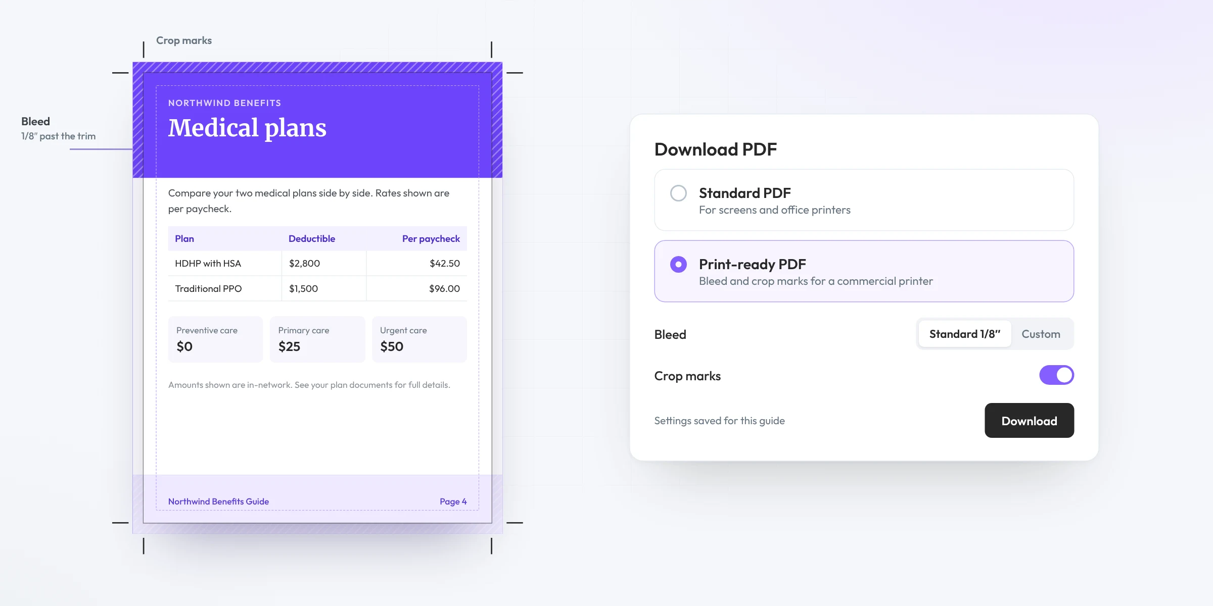 Print-ready benefits PDF page with 1/8 inch bleed, crop marks and download settings