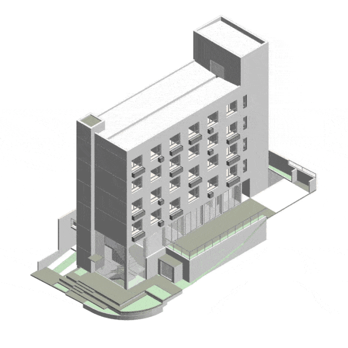 GIF que demonstra diferentes camadas da construção do prédio da Parkside, fundação, encanamento, energia e revestimento, 