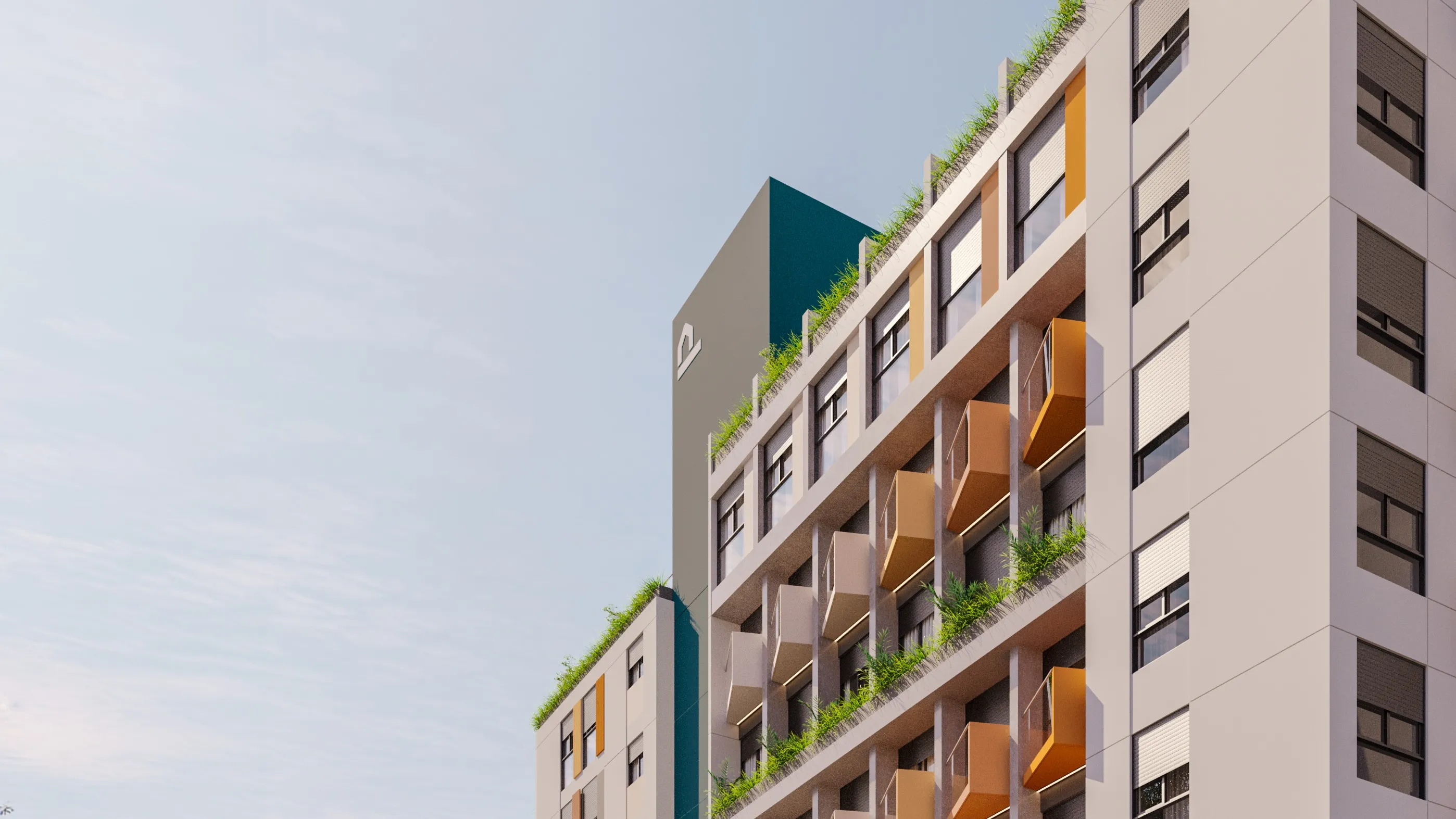 Fachada do Itacorubi, prédio moderno, com varandas contendo plantas e flores contra um céu azul.