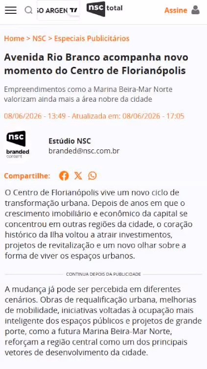 Matéria do NSC Total sobre a Avenida Rio Branco acompanhar o novo momento do Centro de Florianópolis