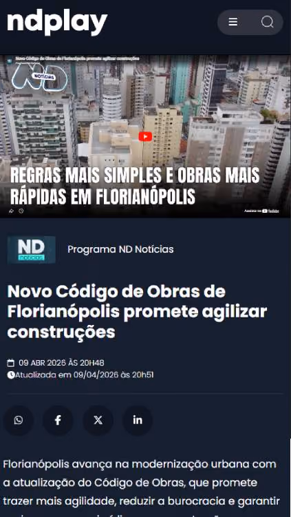 Matéria em vídeo do ND Play sobre o novo Código de Obras de Florianópolis, com foto aérea dos prédios da cidade