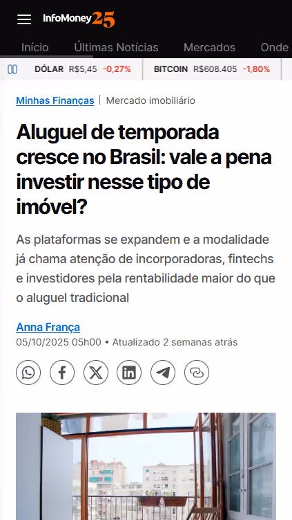 Matéria do InfoMoney sobre o crescimento do aluguel de temporada no Brasil, com a Parkside citada entre as incorporadoras do modelo