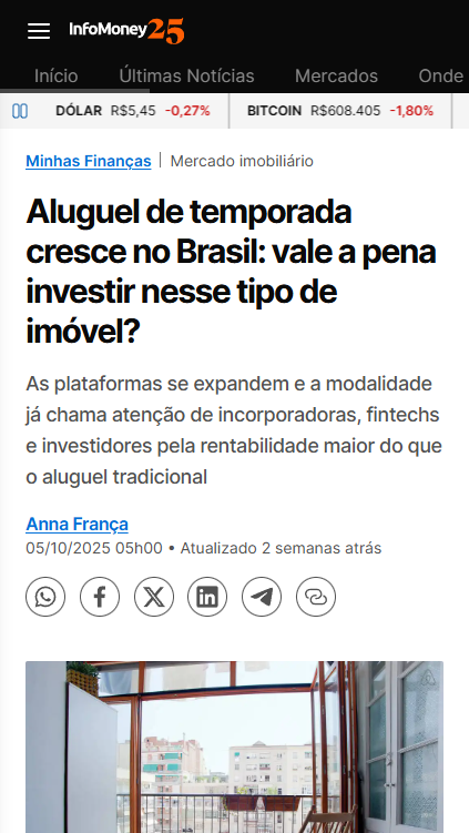 Matéria do InfoMoney sobre o crescimento do aluguel de temporada no Brasil, com a Parkside citada entre as incorporadoras do modelo