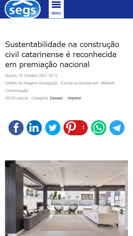 Matéria do SEGS sobre sustentabilidade na construção civil catarinense reconhecida em premiação nacional, com foto da área de convívio