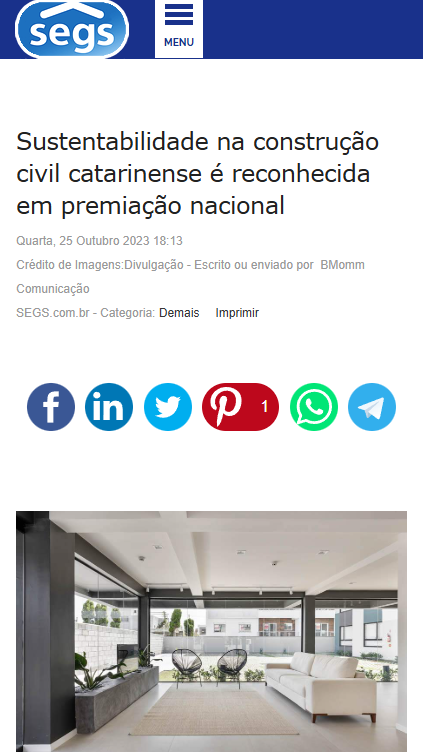 Matéria do SEGS sobre sustentabilidade na construção civil catarinense reconhecida em premiação nacional, com foto da área de convívio