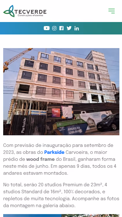 Matéria da Tecverde sobre as obras do Parkside Carvoeira, com foto da estrutura em wood frame em montagem