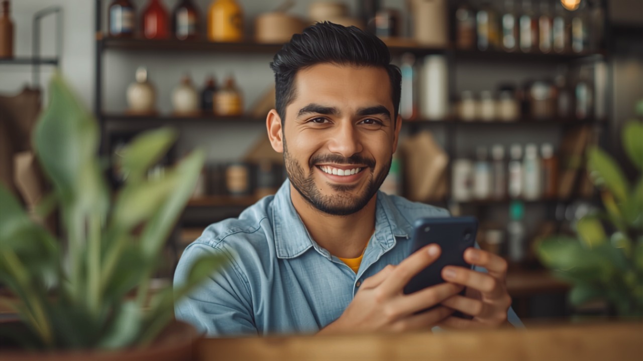 Dueño de un pequeño negocio sonriendo mientras atiende por WhatsApp desde su celular