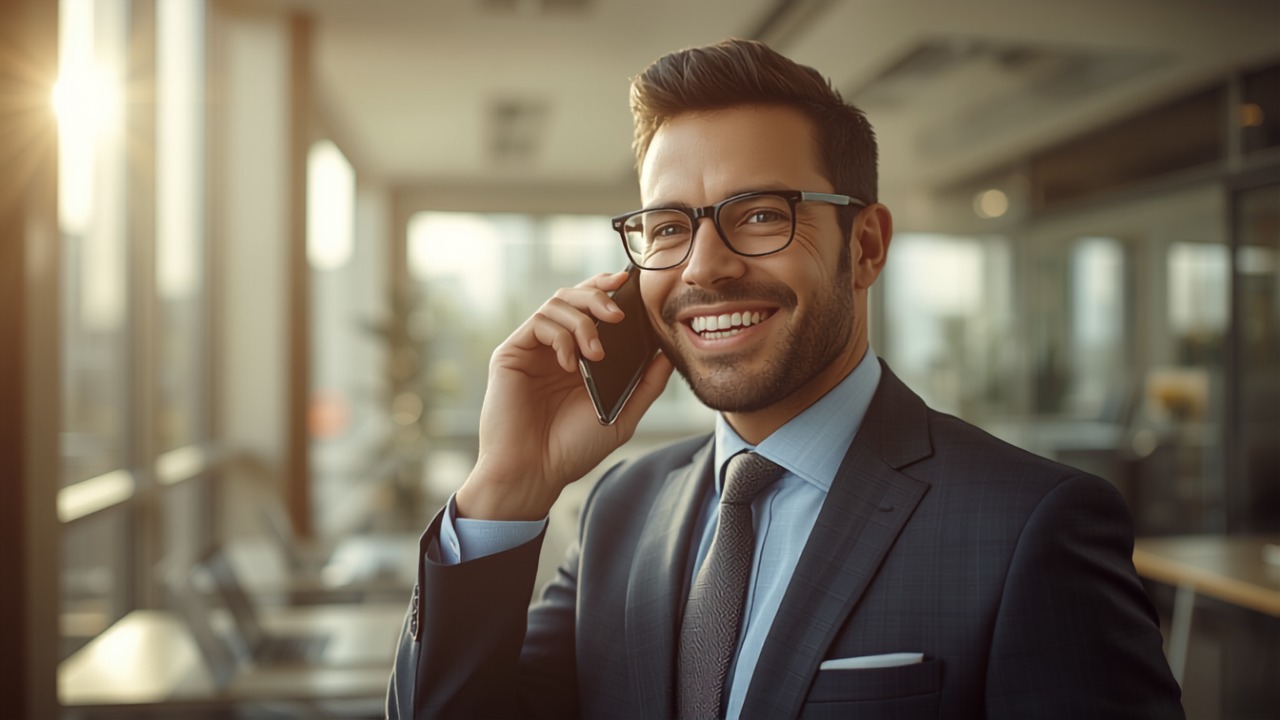 Asesor comercial sonriendo mientras cierra un trato por teléfono tras recibir una alerta de lead