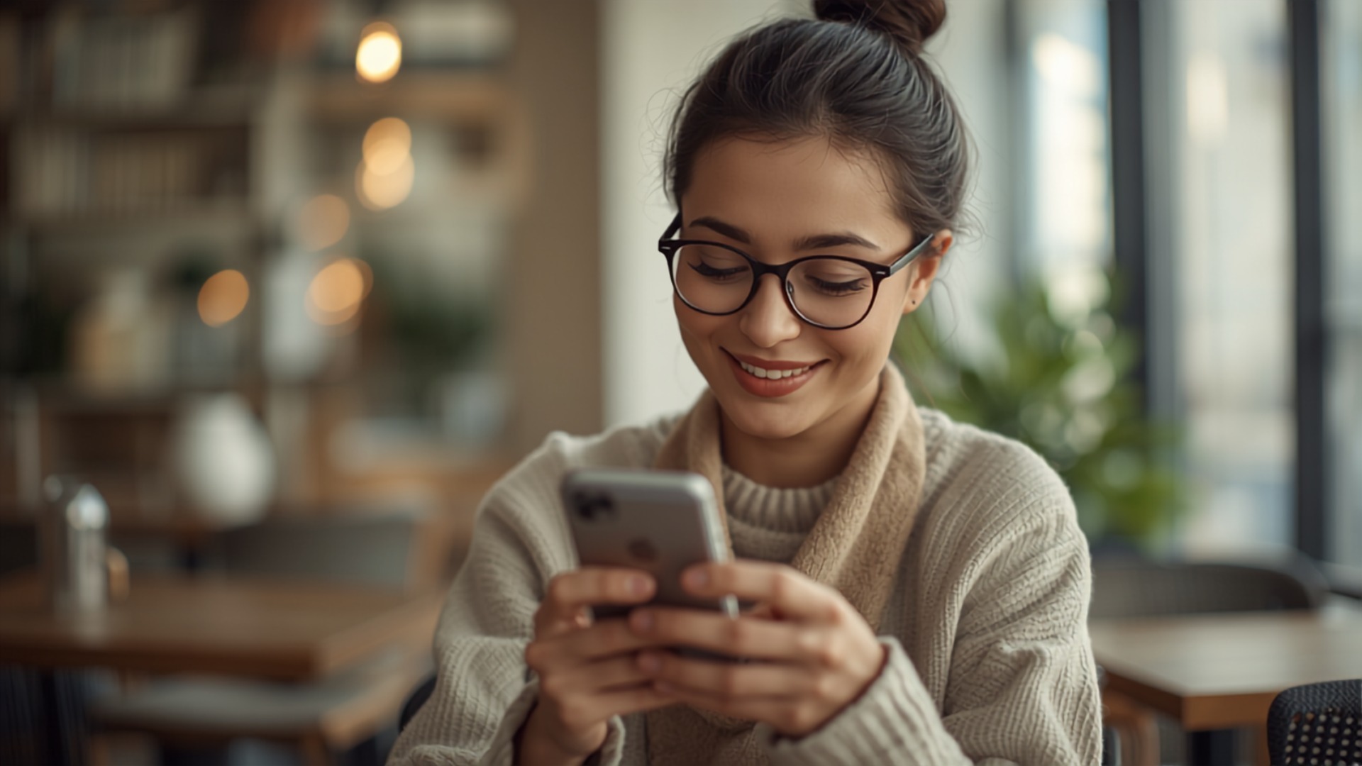 Persona sonriendo al recibir en su celular la información que buscaba
