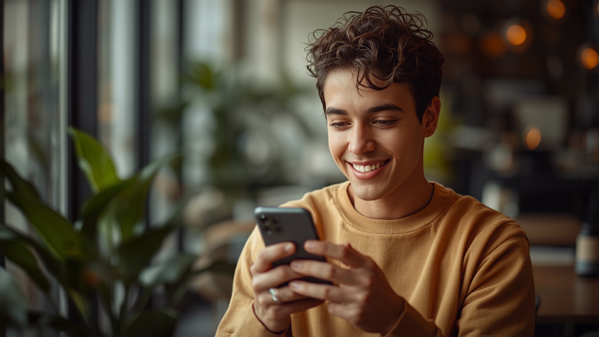 Persona satisfecha viendo en su celular la información consultada desde la base de datos
