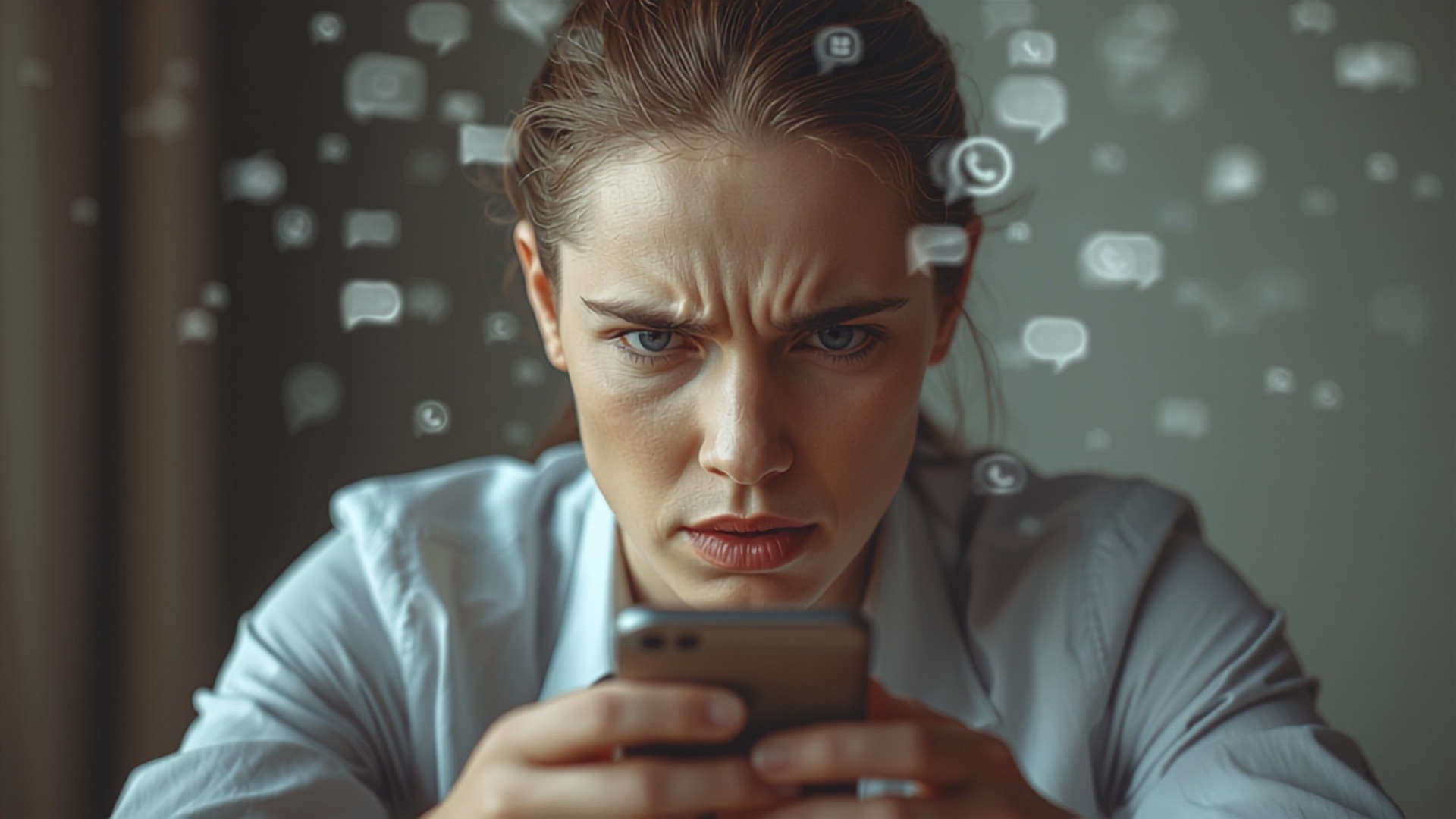 Persona agobiada con múltiples chats de WhatsApp acumulados sin responder
