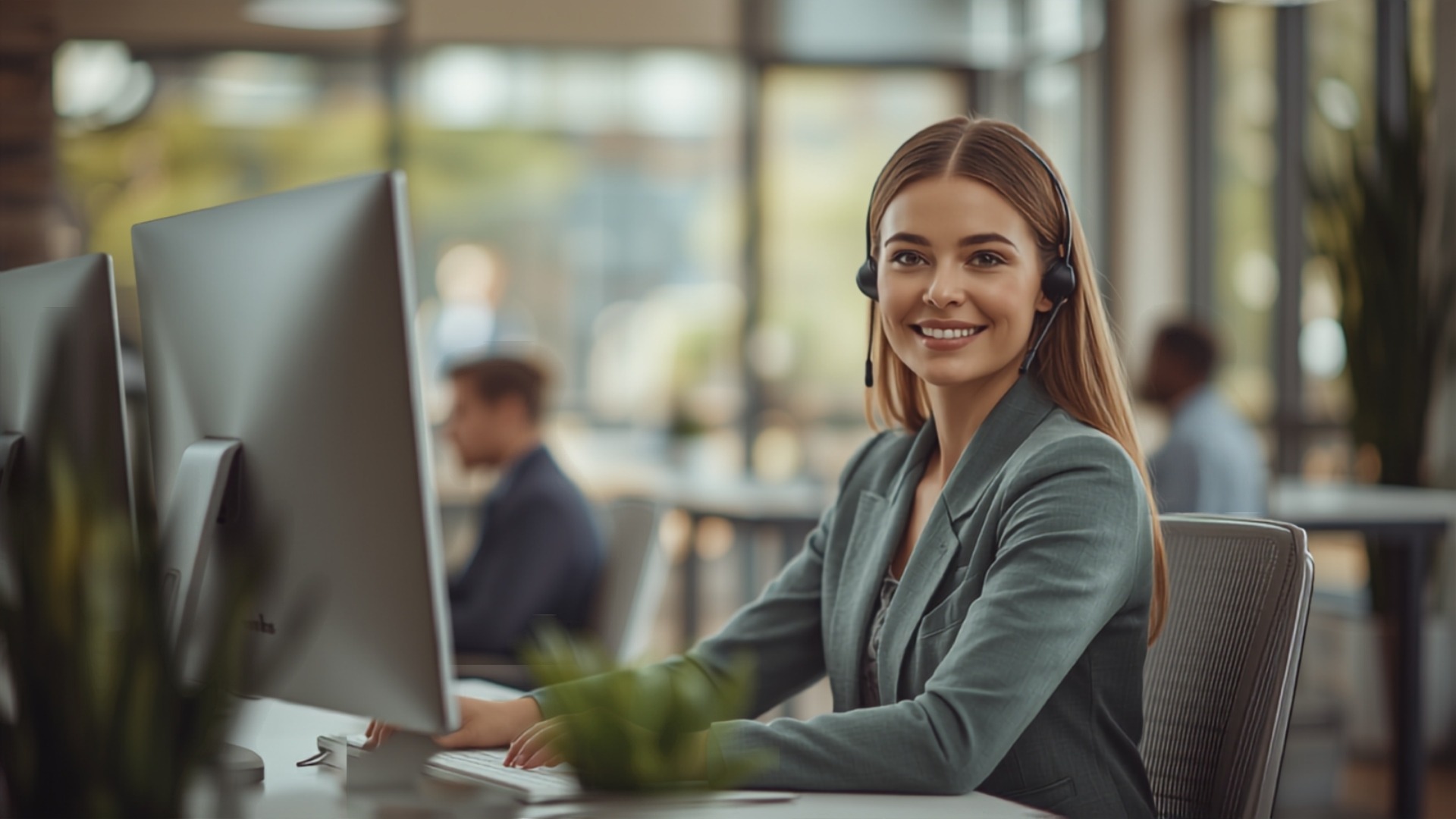 Agente de atención sonriendo con calma y control frente a su computador