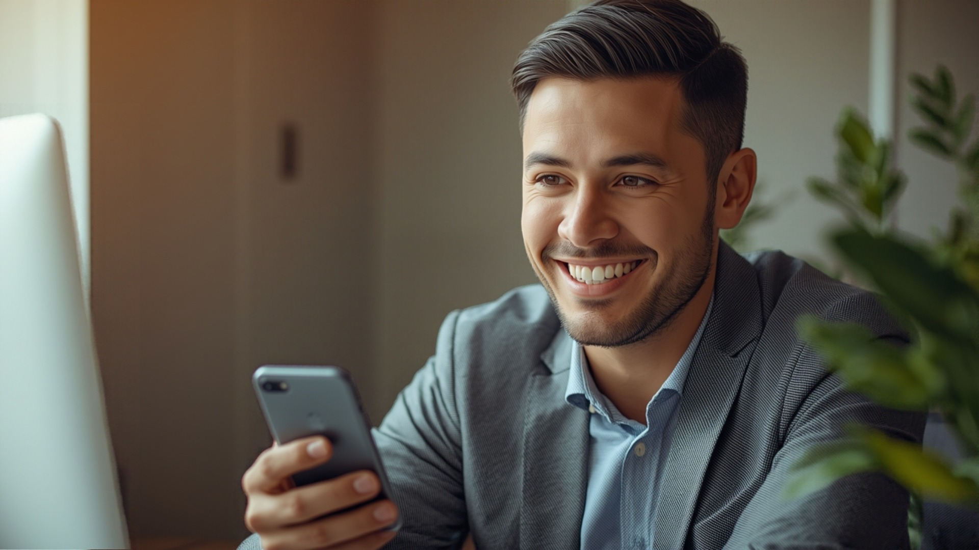Vendedor satisfecho haciendo seguimiento por WhatsApp con venta cerrada