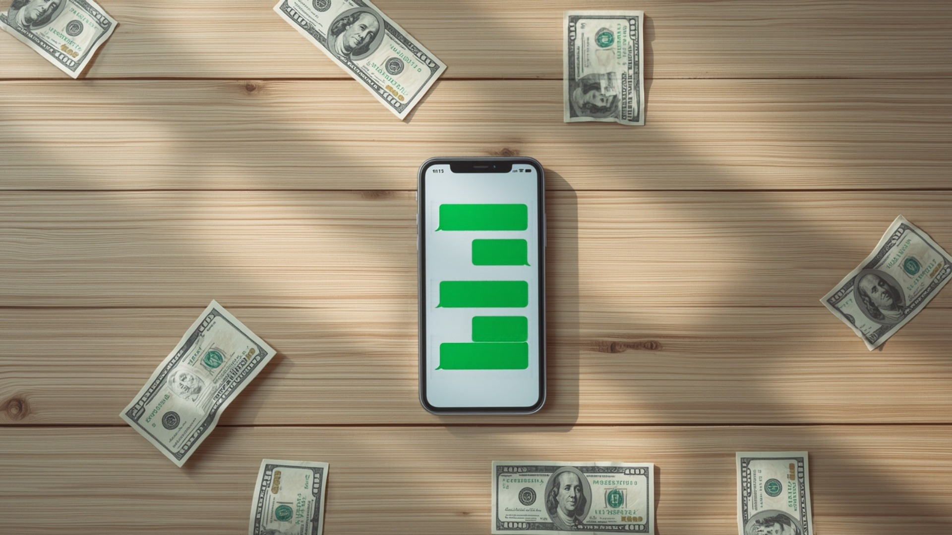 Billetes y smartphone con WhatsApp representando el ahorro de mensajes gratuitos CTWA