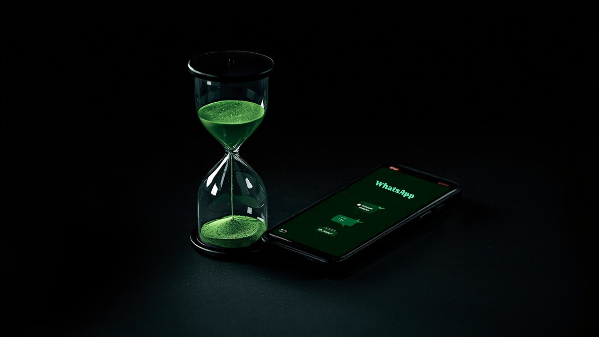 Reloj de arena con arena verde junto a smartphone con conversación de WhatsApp — 7 días de ventana gratuita