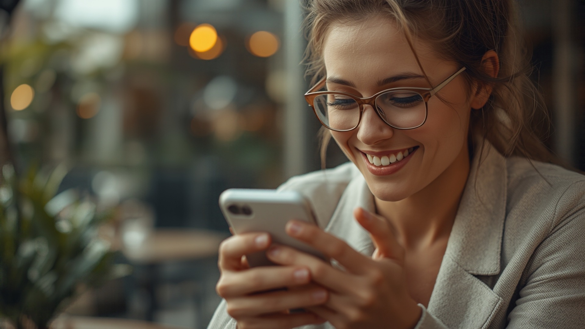 Persona atendiendo a sus clientes desde su smartphone en una cafetería
