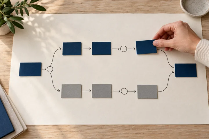A hand arranging roadmap cards, comparing two routes and their decision points