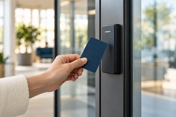 A hand presenting an access card at a controlled entrance