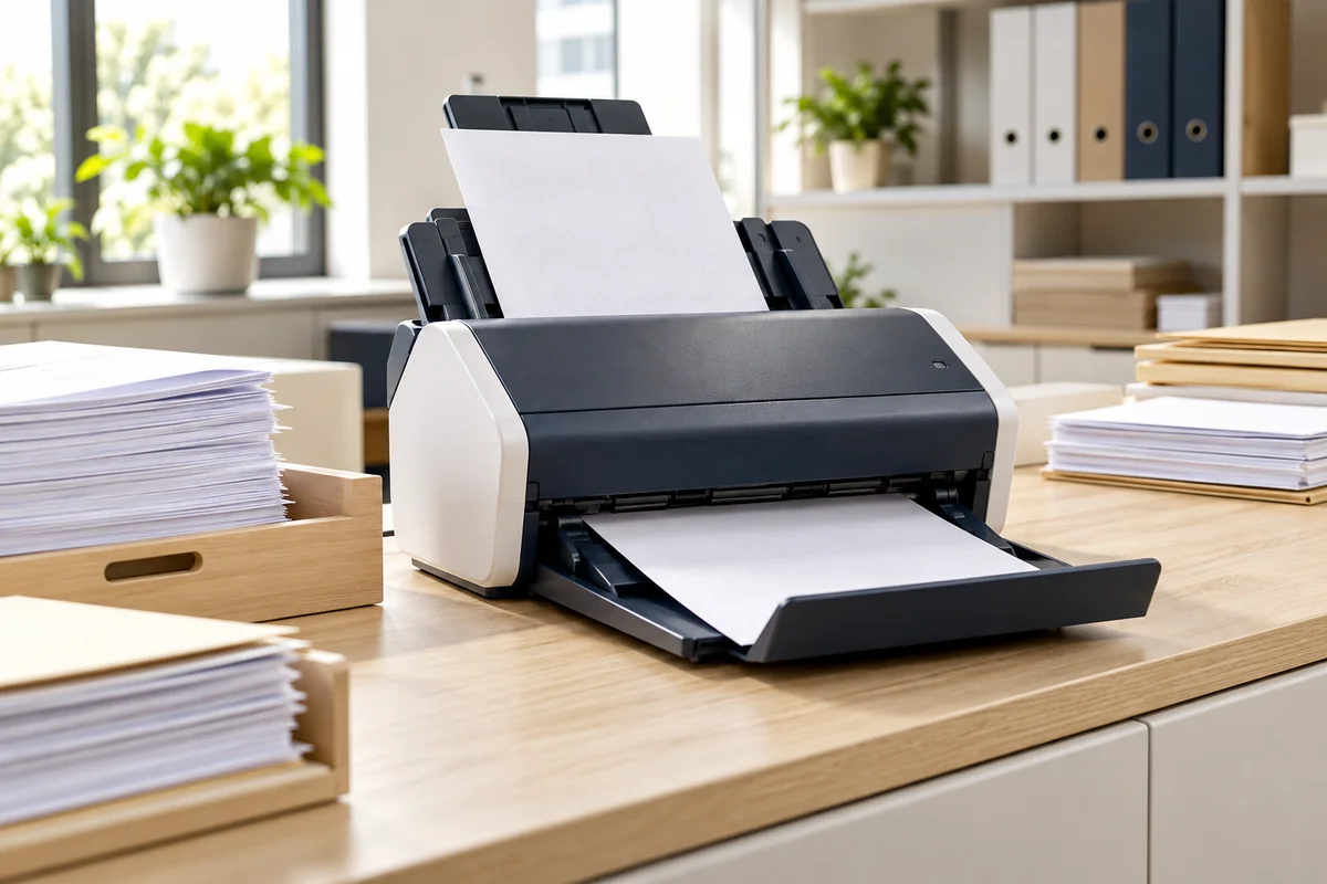 A document scanner processing paperwork in an organised workspace