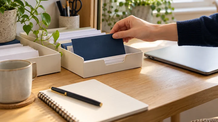 A hand selecting one navy task card from organised document trays beside a laptop.