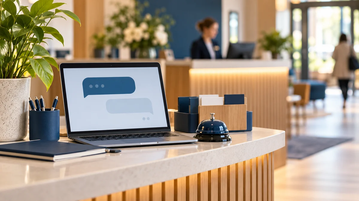A laptop with conversation shapes beside a navy service bell, with a reception area beyond.