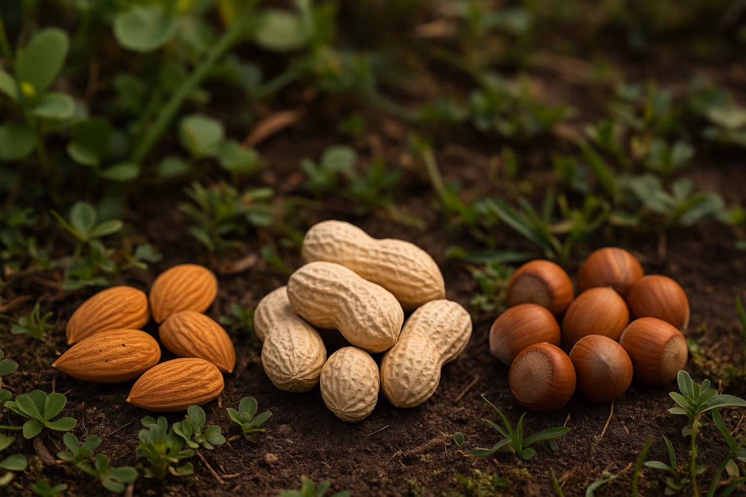 a group of nuts and hazelnuts on dirt