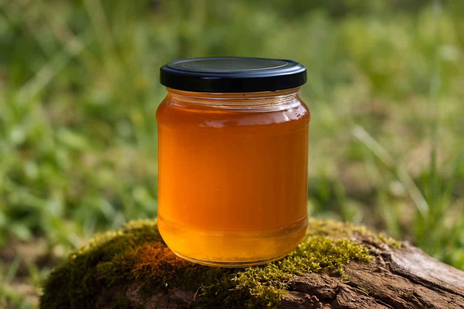 a jar of honey on a mossy log