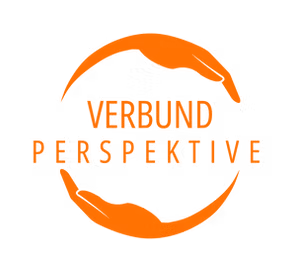 Logo Verbund Perspektive mit oben und unten 2 Händen und in der mitte Text Verbund Perpektive