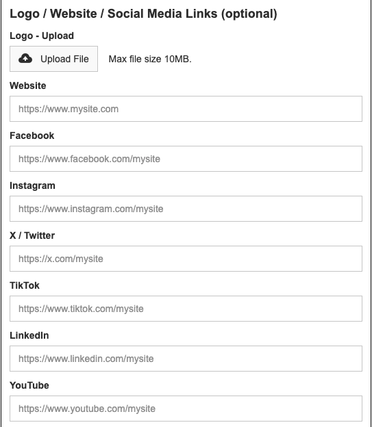 Basic listing logo, website and social media information