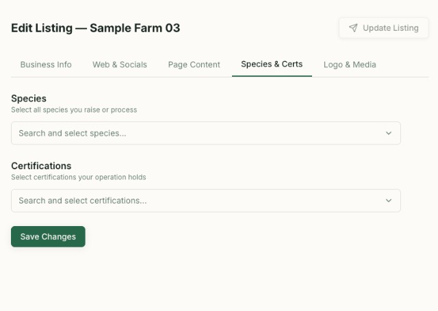 F2F Producer Portal - Species & Certs