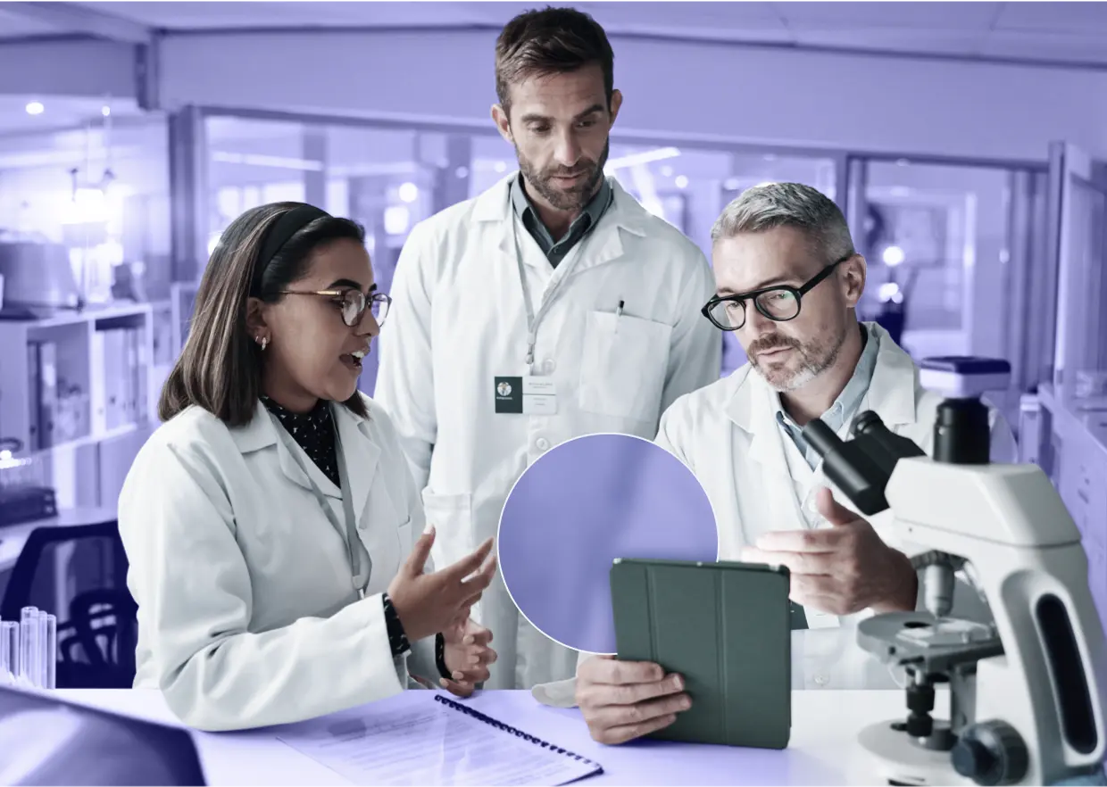 Conversation, laptop and microscope with professional research team