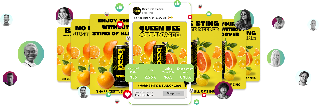 Bzzd Seltzers ad showing a can surrounded by citrus fruits with text 'Queen Bee Approved' and social media engagement stats, with floating profile pictures and reaction icons.