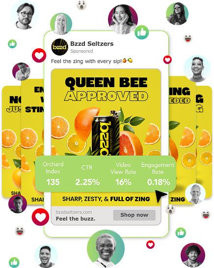 Bzzd Seltzers ad showing a can surrounded by citrus fruits with text 'Queen Bee Approved' and social media engagement stats, with floating profile pictures and reaction icons.