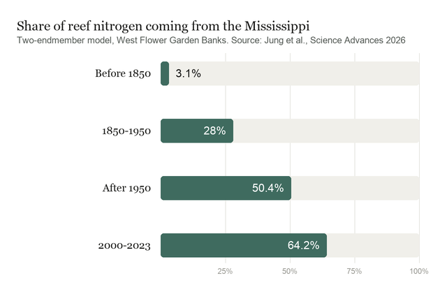 Bar chart of the share of nitrogen reaching the Flower Garden Banks that came from the Mississippi: 3.1 percent before 1850, 28 percent from 1850 to 1950, 50.4 percent after 1950, and 64.2 percent from 2000 to 2023