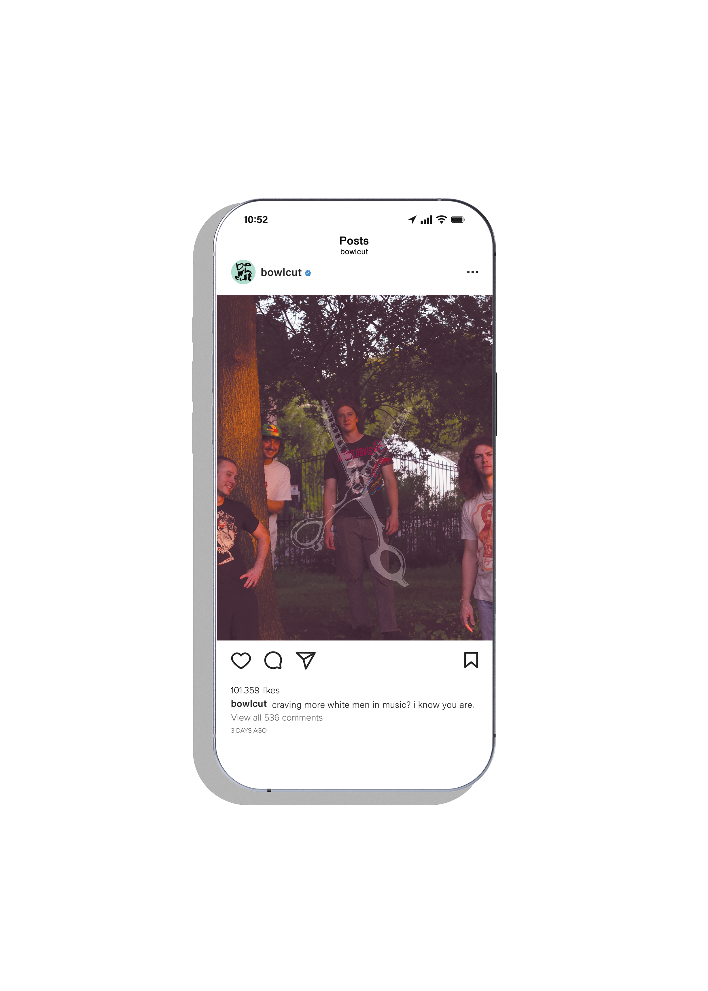 Instagram post by bowlcut showing four men standing outdoors near trees and a fence during sunset.