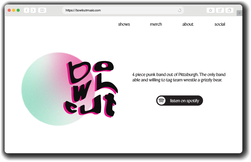 Website homepage of punk band Bowlcut with navigation links, a colorful gradient circle behind the band name, and text describing the band as a 4-piece from Pittsburgh willing to tag team wrestle a grizzly bear with a Spotify listen button.