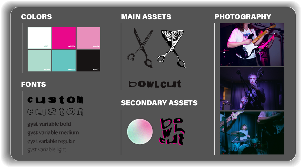 Design board with color swatches, font samples, main and secondary graphic assets featuring scissors and text 'bowlcut', and three photos of musicians playing electric guitar, bass, and drums on stage.