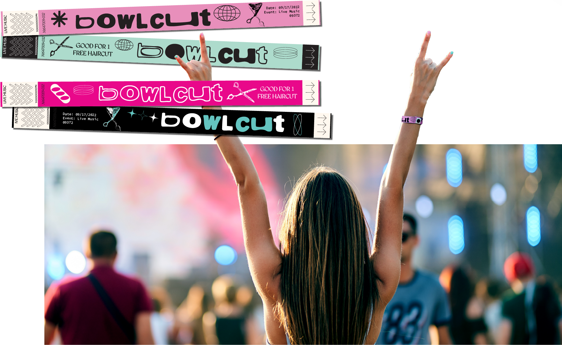 Person with long hair at a concert raising both arms showing a rock sign, wearing a pink wristband labeled 'bowlcut', with colorful event wristbands above.