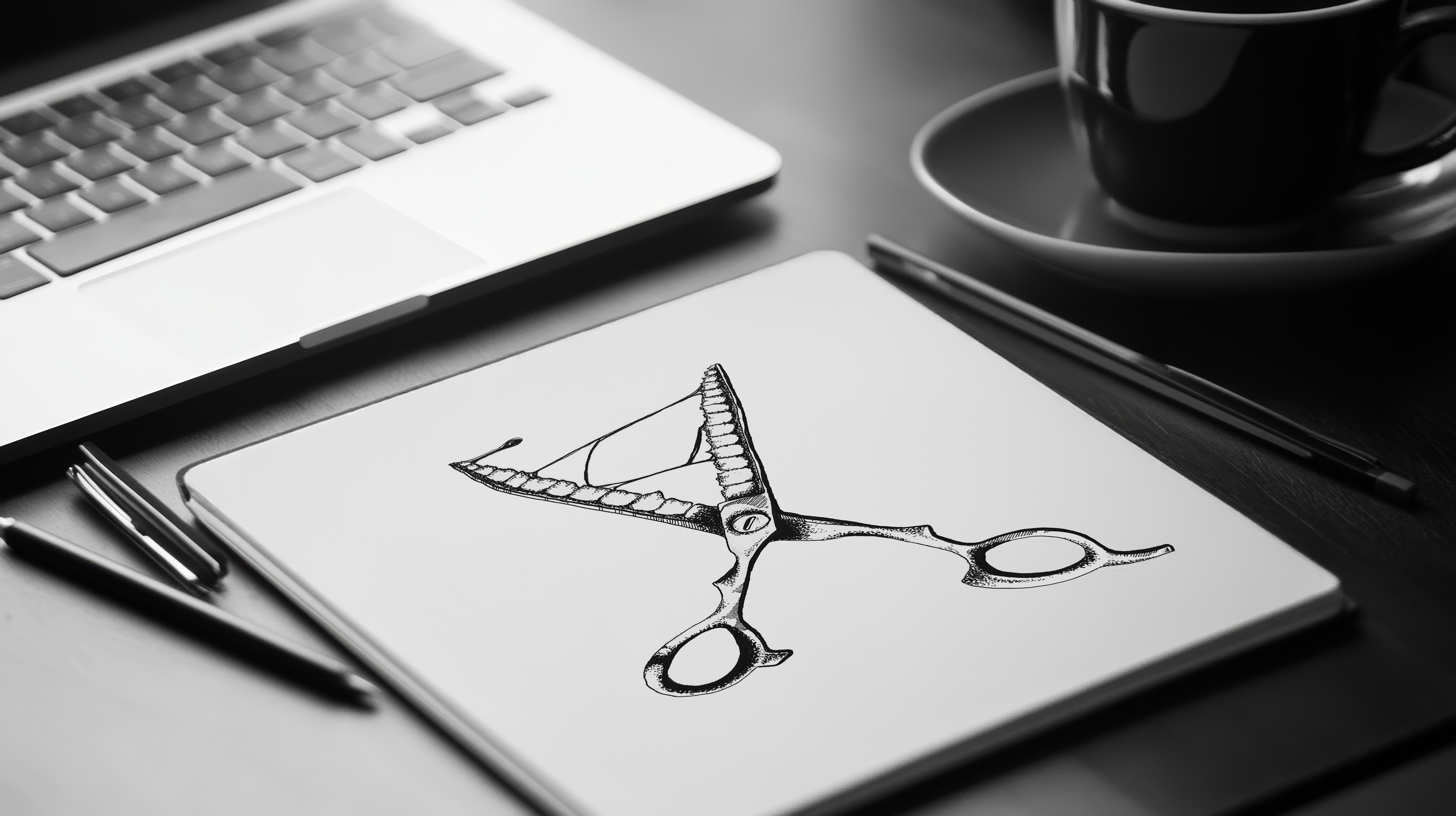 Black and white photo of a sketchpad with a detailed pen drawing of scissors, placed on a dark desk alongside a laptop, pen, pencil, and a cup on a saucer.
