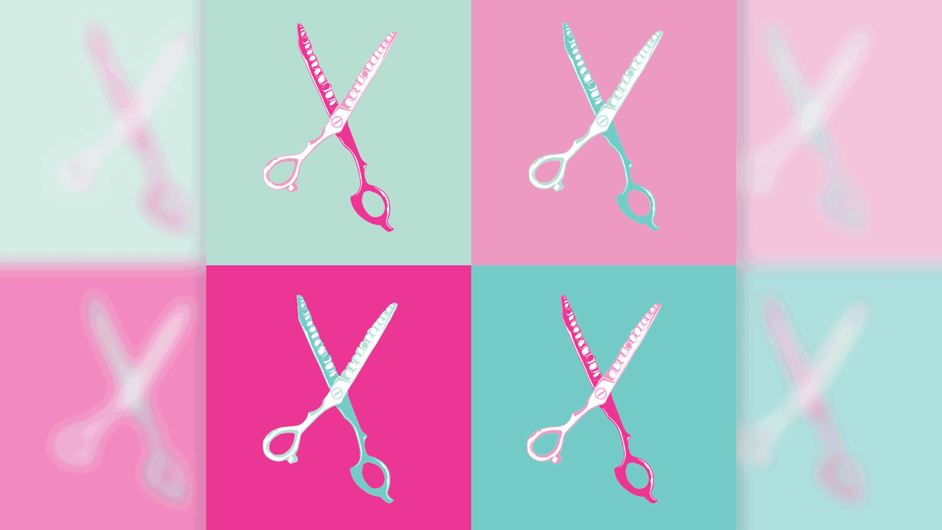 Pop art style image featuring four pairs of hair thinning scissors in alternating pink and turquoise colors on square backgrounds.