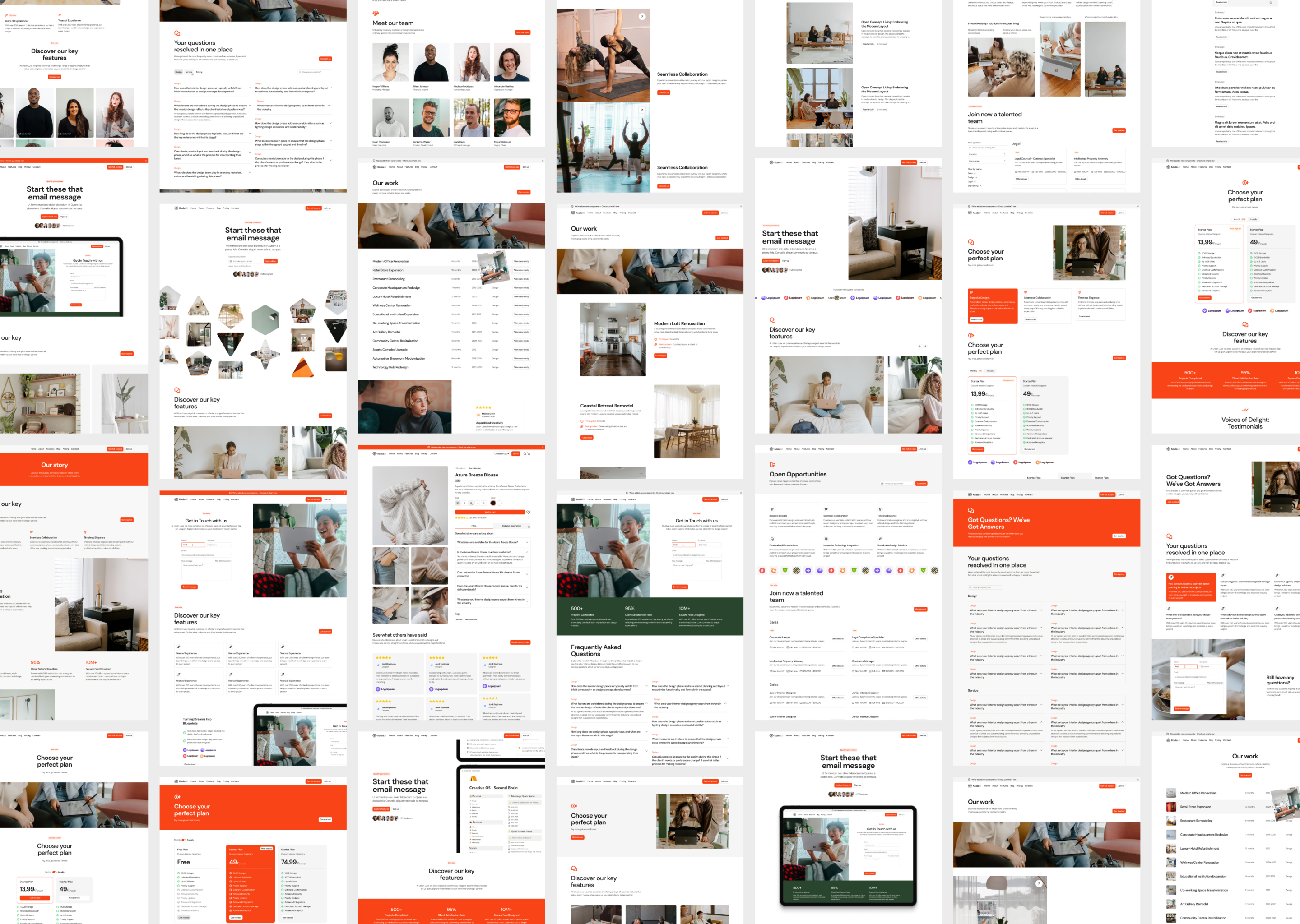 Image of a bunch of different web design pages stacked in the same picture.